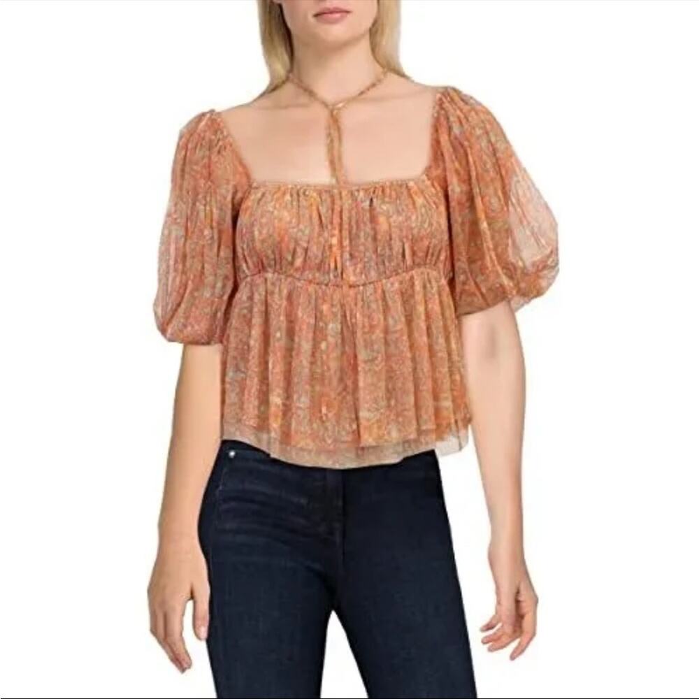 Free People Penelope Printed Smocked Peplum Top Orange Size L